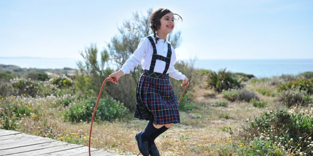 niña jugando con su uniforme escolar